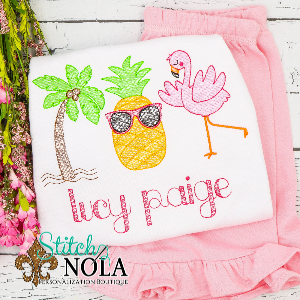 Personalized Palm Tree Pineapple Flamingo Summer Trio Sketch Shirt