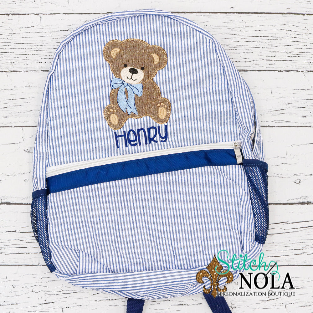 Personalized Seersucker Backpack with Teddy Bear Applique, Seersucker Diaper Bag, Seersucker School Bag, Seersucker Bag, Diaper Bag, School Bag, Book