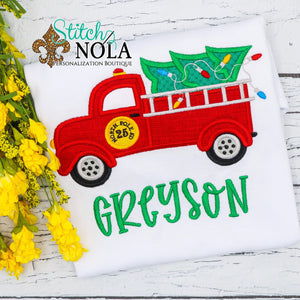 Personalized Christmas Firetruck with Tree Applique Shirt