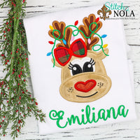 Personalized Christmas Reindeer with Heart Nose & Lights Applique Shirt
