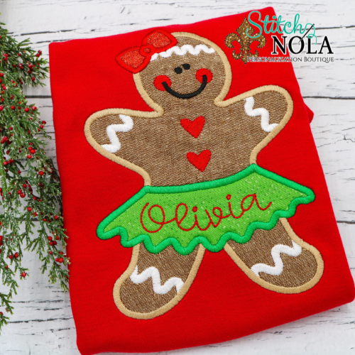 Personalized Christmas Girl Gingerbread Cookie Appliqué on Colored Garment