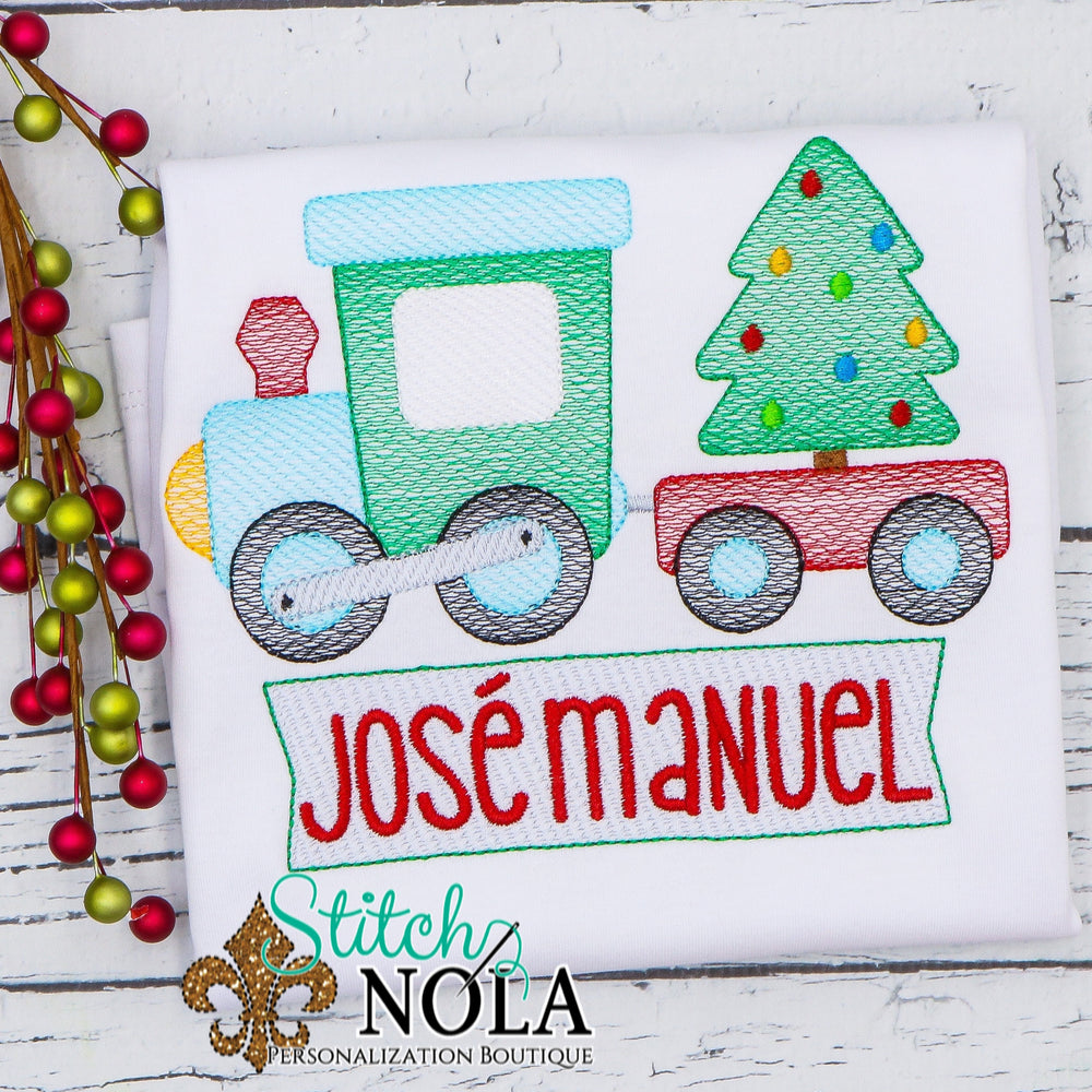 Personalized Christmas Train with Tree Sketch Shirt