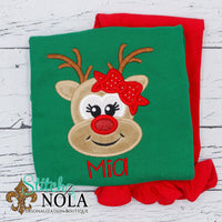 Personalized Christmas Reindeer with Bow Appliqué on Colored Garment