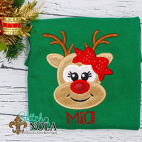 Personalized Christmas Reindeer with Bow Appliqué on Colored Garment