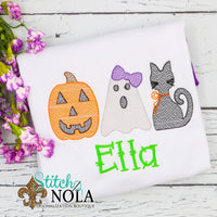 Personalized Halloween Pumpkin Ghost Black Cat Trio Sketch Shirt