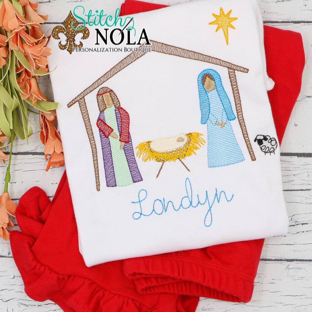 Personalized Christmas Jesus in Manger Sketch Shirt