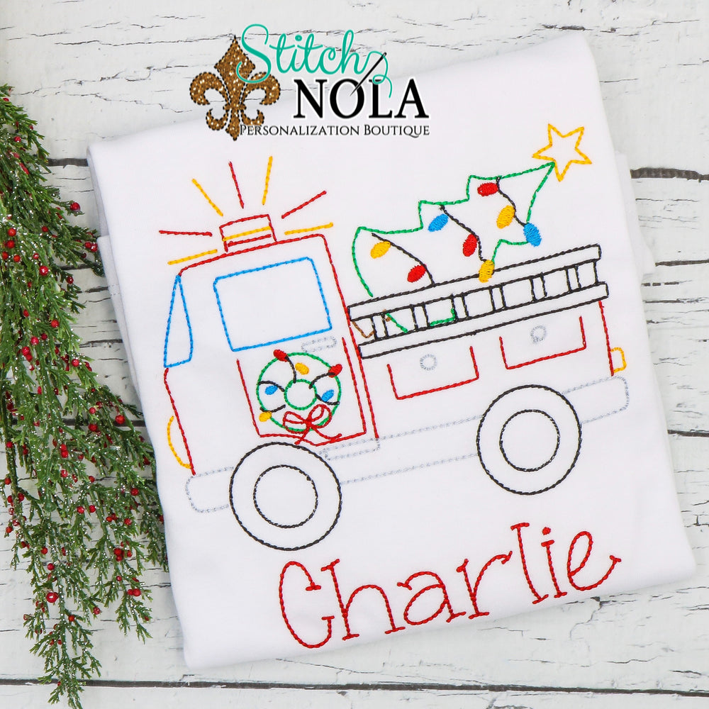 Personalized Christmas Firetruck with Tree & Lights Sketch Shirt