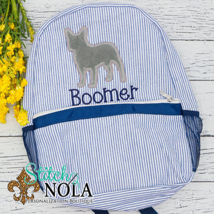 Personalized Seersucker Backpack with French Bull Dog Applique, Seersucker Diaper Bag, Seersucker School Bag, Seersucker Bag, Diaper Bag, School Bag