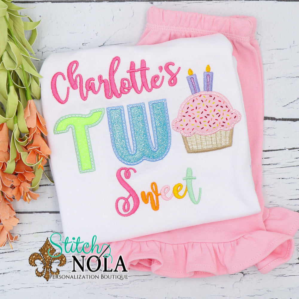 Personalized Two Sweet Birthday Cupcake Appliqué Shirt