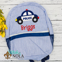 Personalized Seersucker Backpack with Police Car Applique, Seersucker Diaper Bag, Seersucker School Bag, Seersucker Bag, Diaper Bag, School Bag, Book
