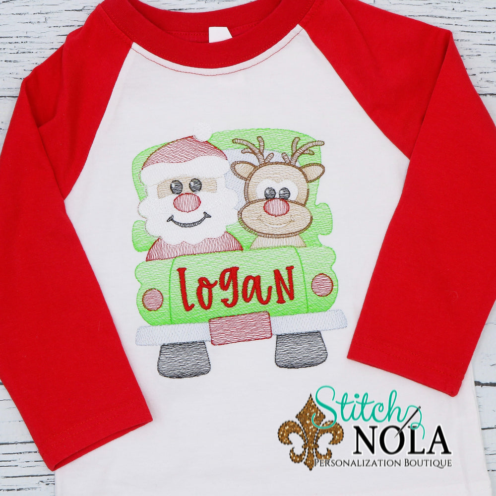 Personalized Christmas Truck with Santa & Reindeer Sketch Shirt