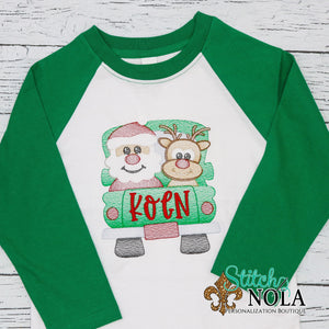 Personalized Christmas Truck with Santa & Reindeer Sketch Shirt