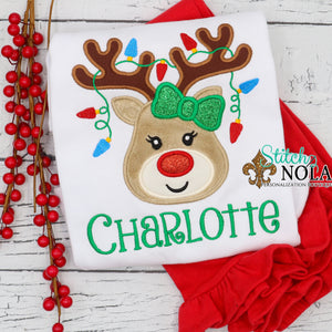 Personalized Christmas Reindeer with Lights Applique Shirt