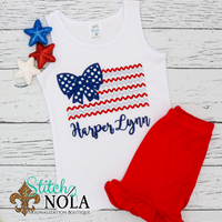 Personalized Patriotic Bow Flag With Zig Zag Stripes Applique Shirt
