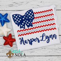 Personalized Patriotic Bow Flag With Zig Zag Stripes Applique Shirt