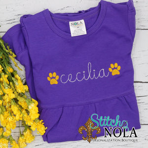 Personalized Purple and Gold Paw Sketch on Colored Garment