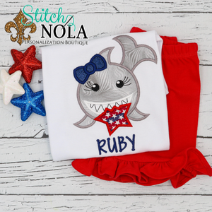Personalized Patriotic Shark With Bow Applique Shirt