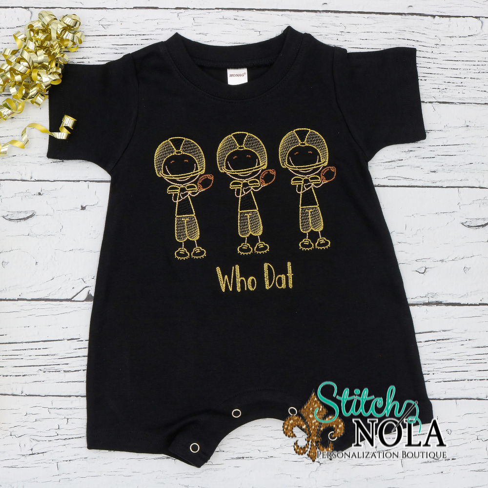 PERSONALIZED BLACK AND GOLD FOOTBALL PLAYER TRIO SKETCH ON COLORED GARMENT