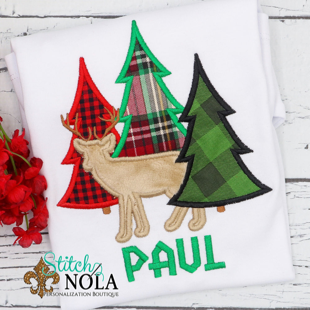 Personalized Christmas Tree Bunch with Deer Applique Shirt