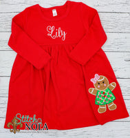 Personalized Christmas Dress with Girl Gingerbread Cookie Appliqué on Colored Garment
