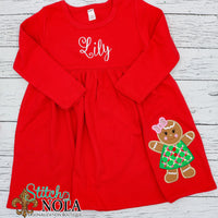 Personalized Christmas Dress with Girl Gingerbread Cookie Appliqué on Colored Garment