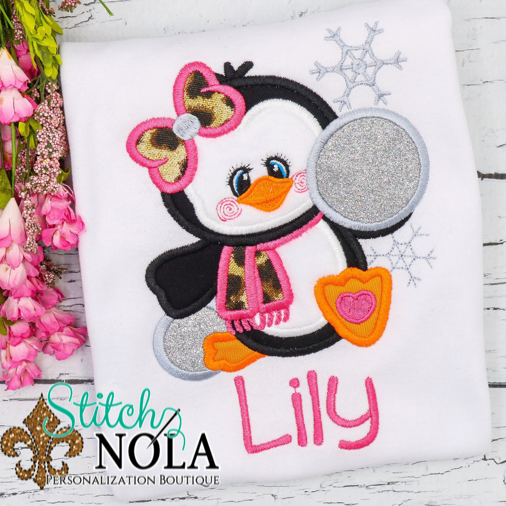 Personalized Christmas Girl Penguin with Snowball Applique Shirt