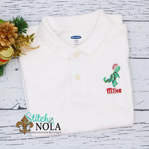 Personalized Christmas Dinosaur with Santa Hat Collared Shirt