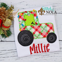 Personalized Christmas Tractor with Lights Applique Shirt