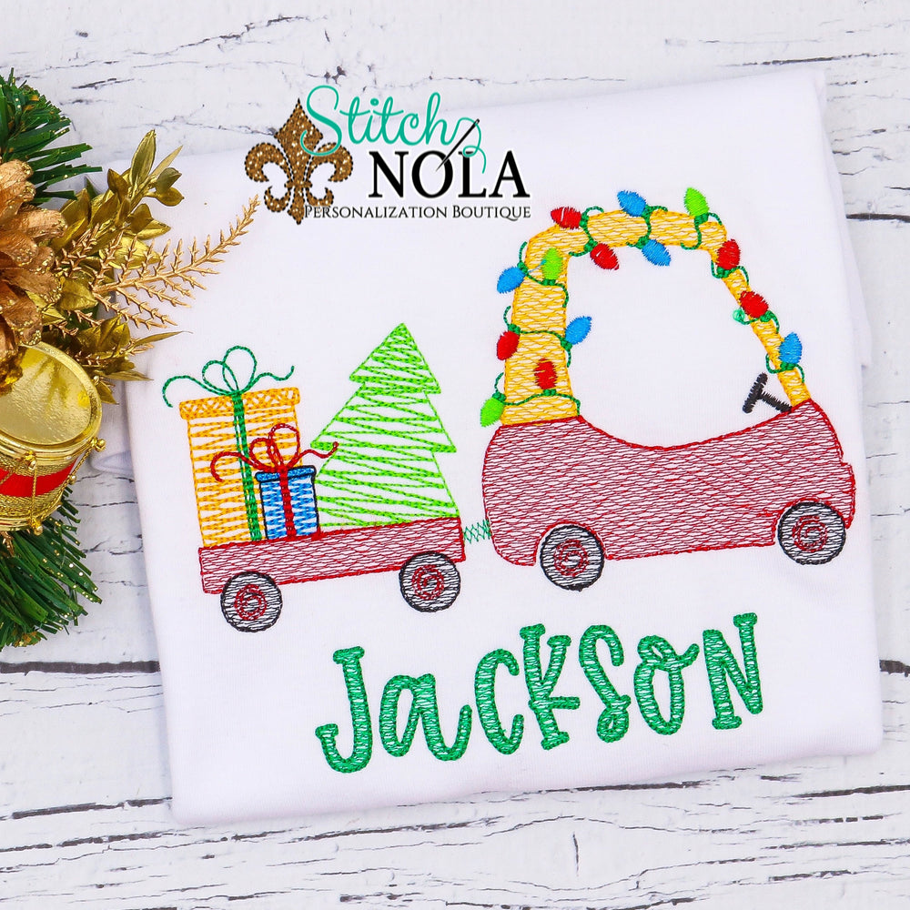 Personalized Vintage Christmas Coupe Pulling Wagon Sketch Shirt