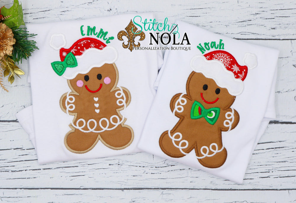 Personalized Christmas Gingerbread Cookie with Santa Hat Applique Shirt