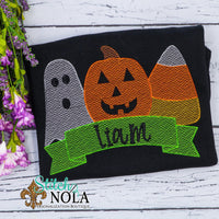 Personalized Halloween Ghost Pumpkin Candy Corn Trio Sketch on Colored Garment
