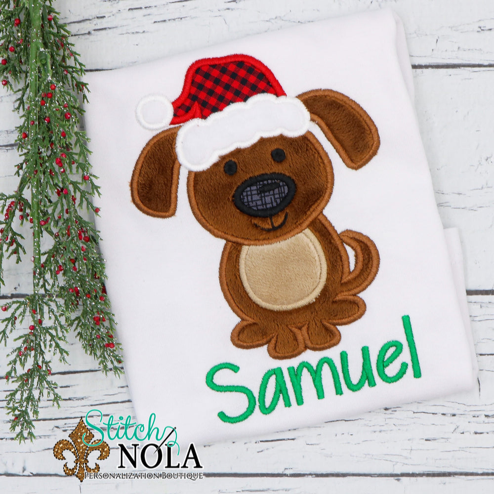Personalized Christmas Puppy with Santa Hat Applique Shirt