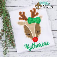 Personalized Christmas Baby Reindeer with Bow Applique Shirt
