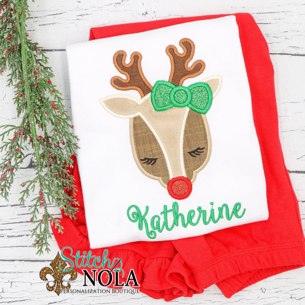 Personalized Christmas Baby Reindeer with Bow Applique Shirt