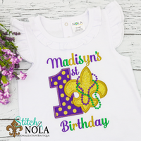 Personalized 1st Birthday Mardi Gras Applique with Fleur de lis Shirt
