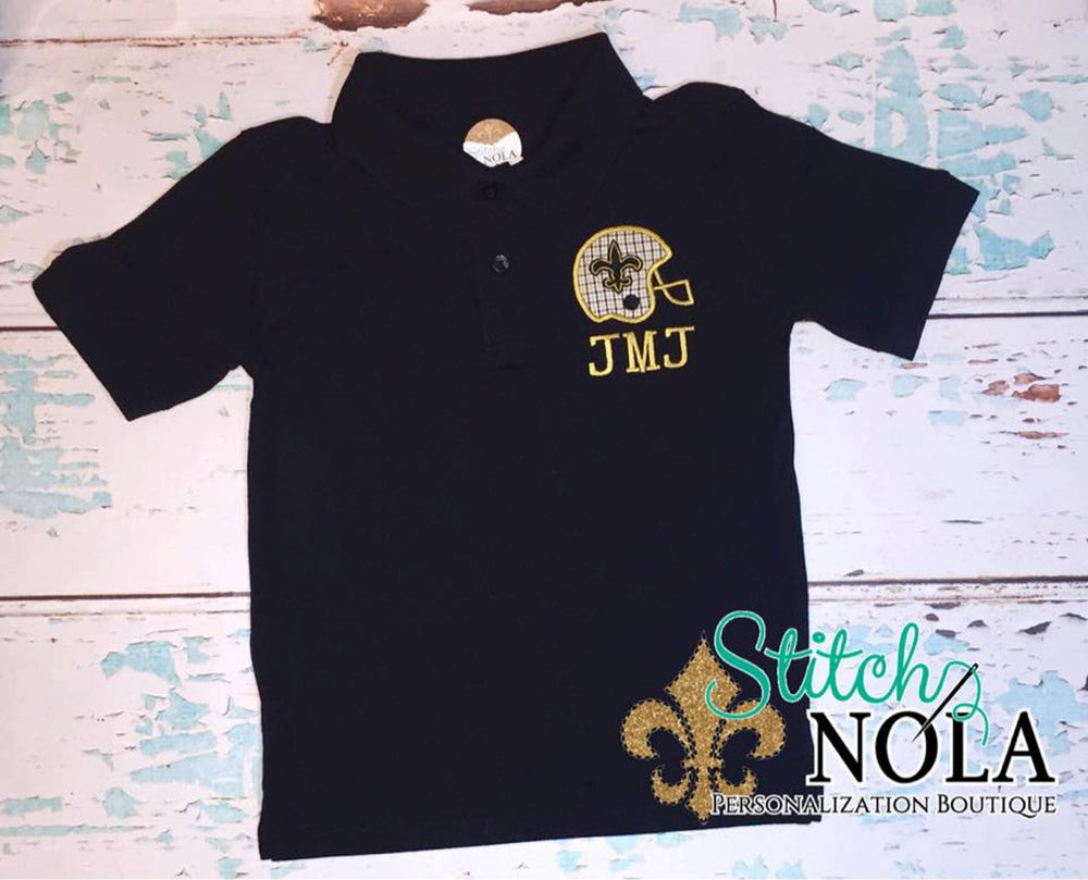 Personalized Black and Gold Helmet with Fleur de Lis Collared Shirt