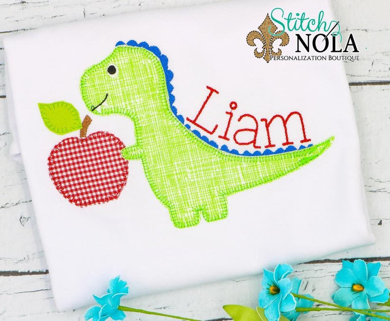 Personalized Back to School Dinosaur with Apple Applique Shirt