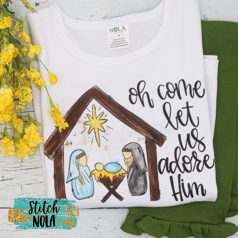 Oh Come Let Us Adore Him Christmas Nativity Printed Shirt