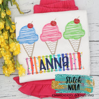 Personalized Ice Cream Cone Sketch Trio with Fabric Name Box Appliqué Shirt
