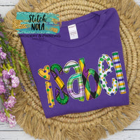 Personalized Mardi Gras Name Appliqué on Colored Garment
