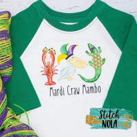 Personalized Mardi Craw Mambo, Mardi Gras Animal Trio Gator, Pelican and Crawfish Printed Shirt