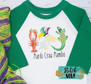 Personalized Mardi Craw Mambo, Mardi Gras Animal Trio Gator, Pelican and Crawfish Printed Shirt