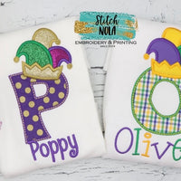 Personalized Mardi Gras Alpha with Jester Hat Applique Shirt