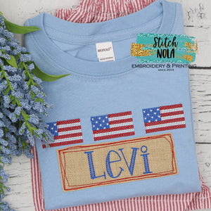 Personalized Patriotic Flag Cross Stitch Trio With Fabric Name Box Applique On Colored Garment