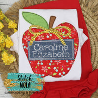 Personalized Back to School Apple with Bow and Name Banner Applique Shirt
