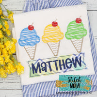 Personalized Ice Cream Cone Sketch Trio with Fabric Name Box Appliqué Shirt