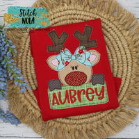 Personalized Christmas Reindeer Appliqué with Name Box on Colored Garment
