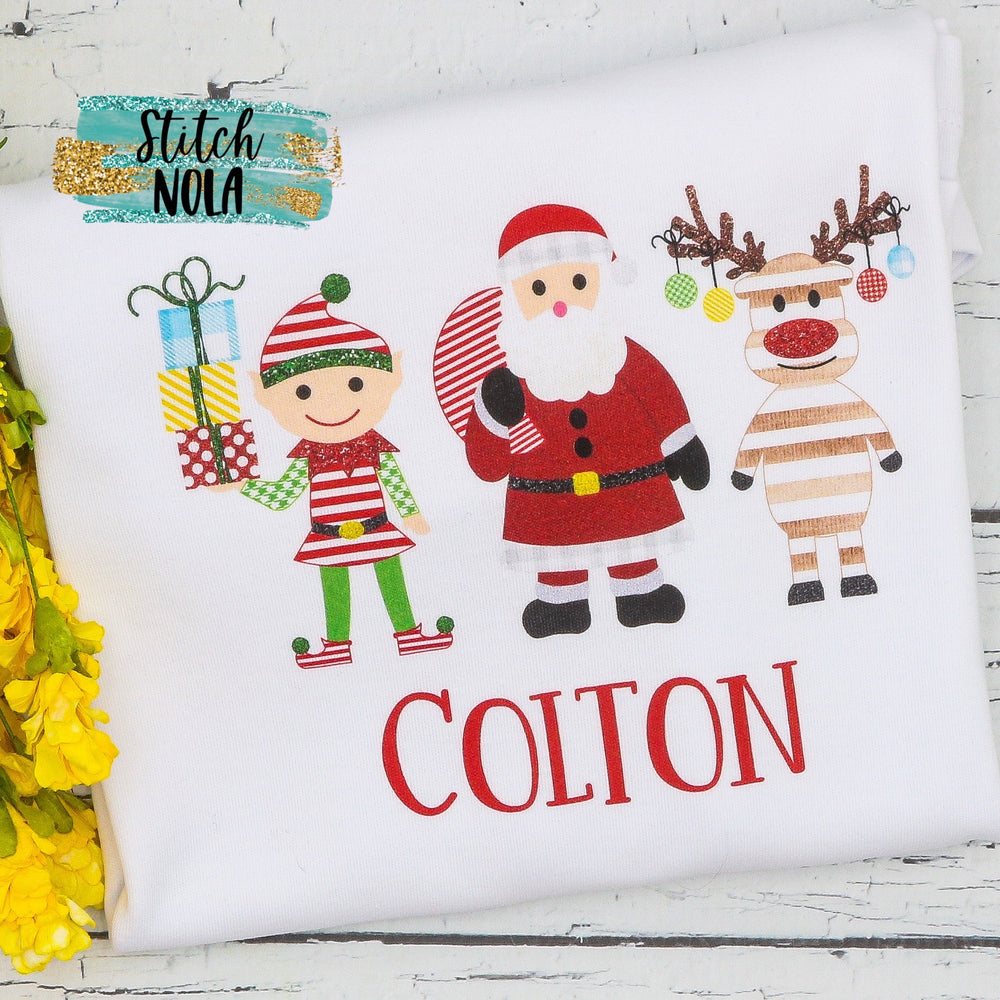 Personalized Christmas Trio with Santa, Elf and Reindeer Printed Shirt