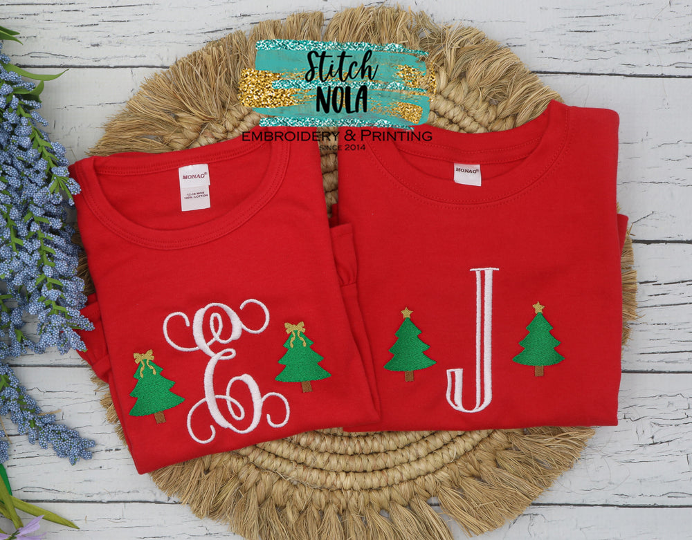 Personalized Christmas Tree Monogram on Colored Garment