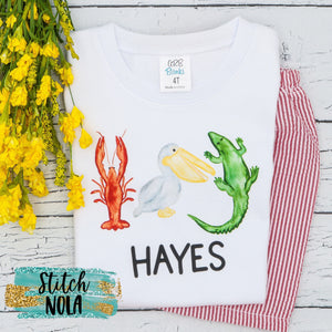 Personalized Louisiana Trio Crawfish, Pelican and Alligator Printed Shirt